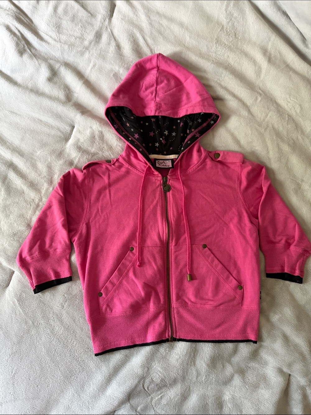 Pink Cropped Hoodie Zip Front Star Lined Hood Juniors Small